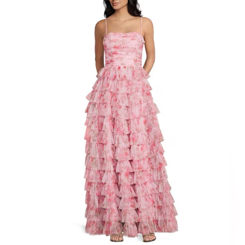 B Darlin Pink Tiered Ruffle Maxi Gown with Spaghetti Straps